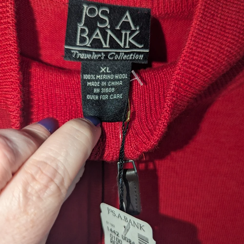 XL NWT Mens JoS. A. Bank Traveler's Collection Red Merino Wool 1/4 Zip Sweater